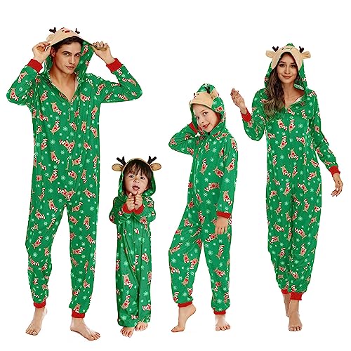 Heflashor Familien Weihnachten Schlafanzug lang Weihnachtspyjama Familie Outfit Einteiler Jumpsuit mit Elch Hut Mode Hausanzug Freizeitanzug,Vater-Grün,XL von Heflashor