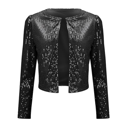 Hehiy Damen Glänzend Pailletten Jacke Cardigan Langarm Bolero Tops Kurz Oberteile Eleganter Blazer Glitzer Party Outfits Clubwear 80Er Jahre Jacke Damen GläNzende Jacke MäDchen von Hehiy