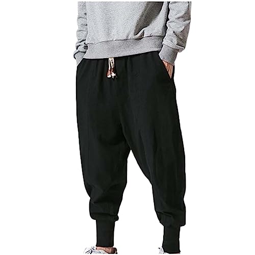 Hehiy Herren Leinenhose Lange Weite Sommerhose Kordelzug Yogahose mit Taschen Luftig Sonnenschutz Strandhose Flauschige Hose Stoffhose Herren Elegant Jogginghose Herren Baggy Schwarz Rot von Hehiy