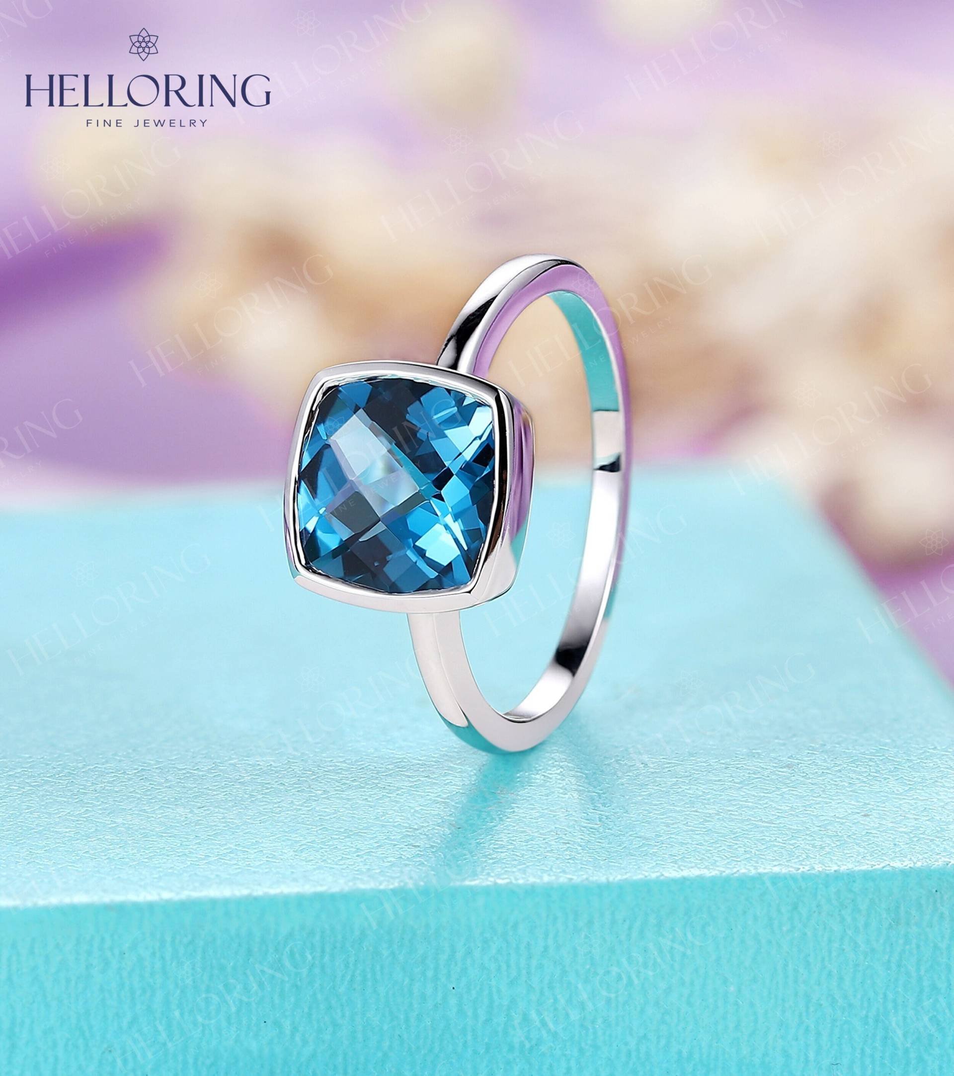 London Blue Topaz Verlobungsring Weißgold Art-Deco-Ring Kissen Bezel Ring Solitär November Geburtsstein Brautring von HelloRing