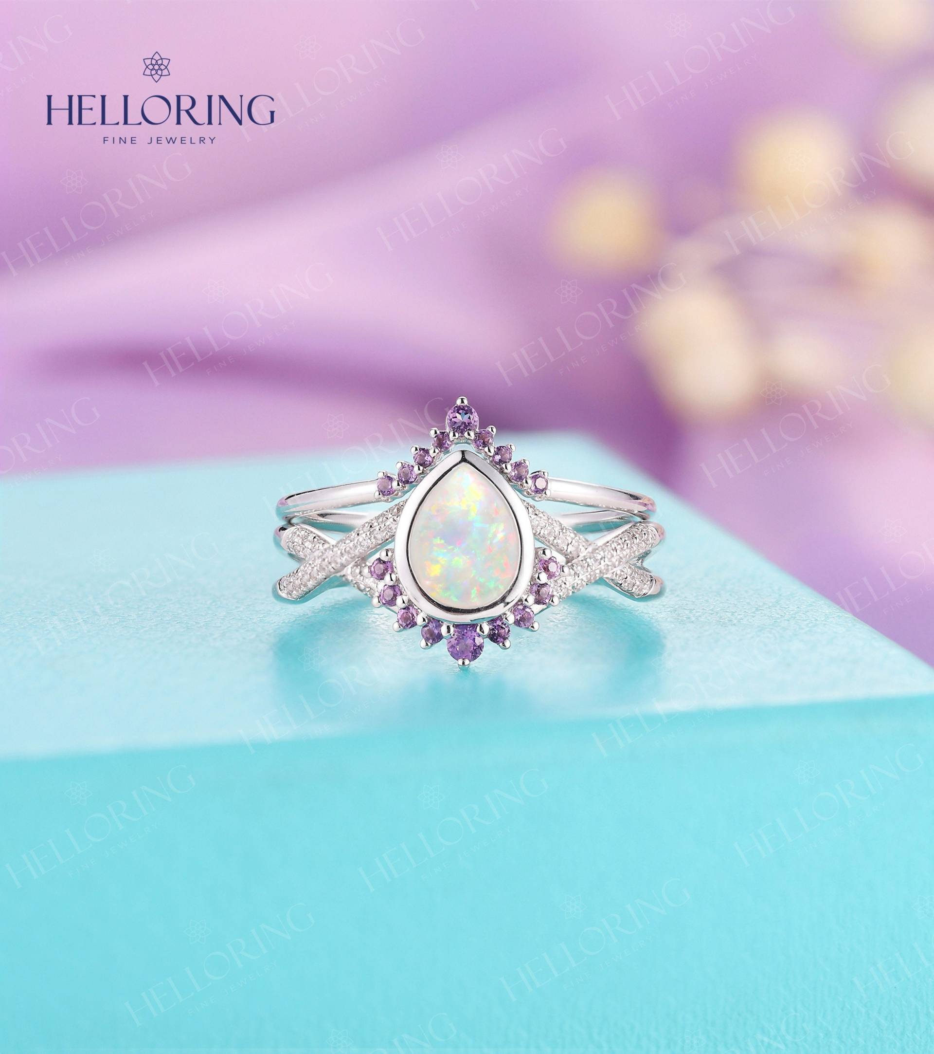 Opal Verlobungsring Set Amethyst Ring Weißgold Vintage Gedrehtes Band Diamant Moissanit Birnenschliff Jahrestag von HelloRing