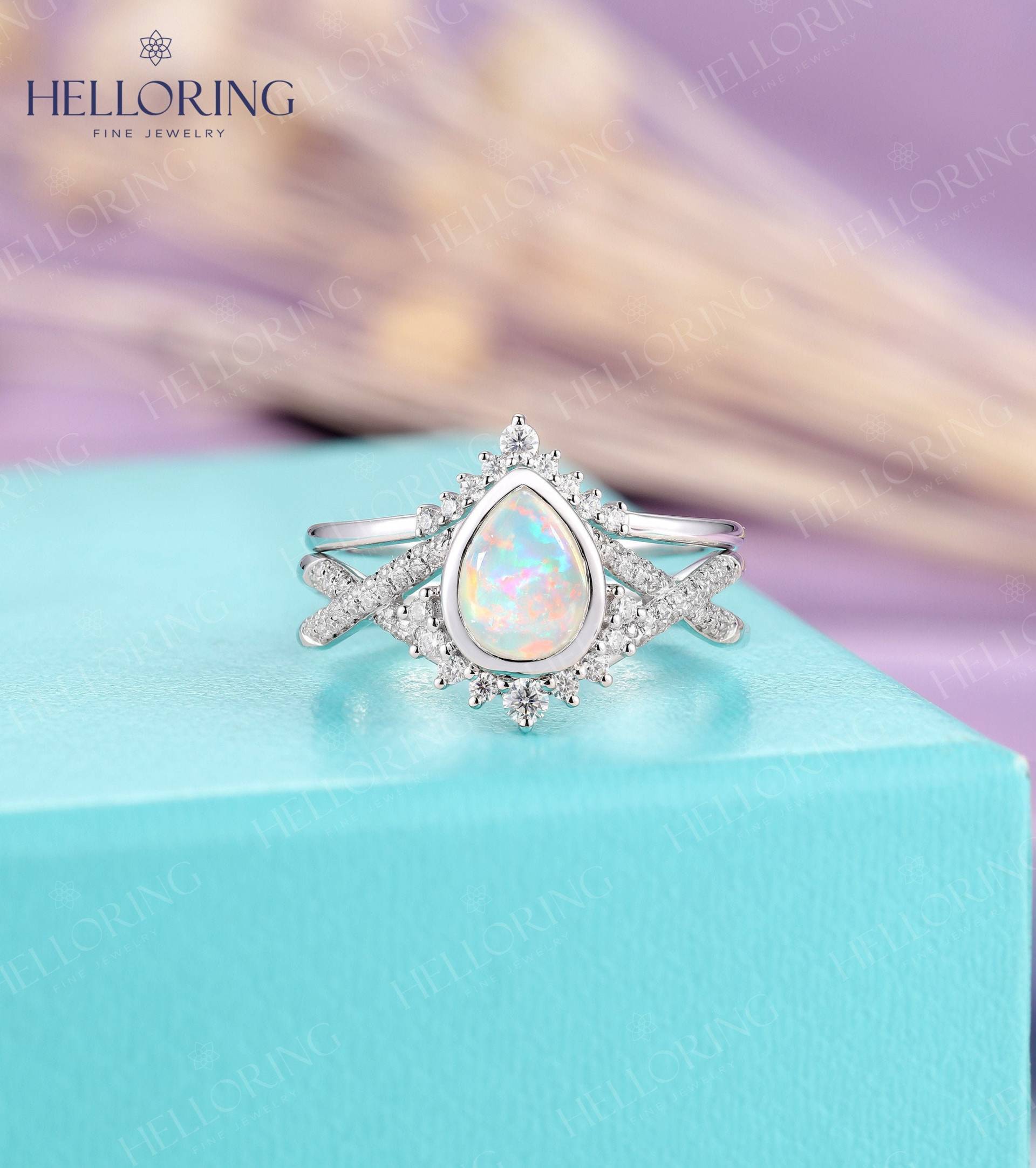 Opal Verlobungsring Set Rosegold Vintage Ehering Frauen Twisted Diamond Moissanit Band Pear Shaped Braut Jubiläumsring von HelloRing