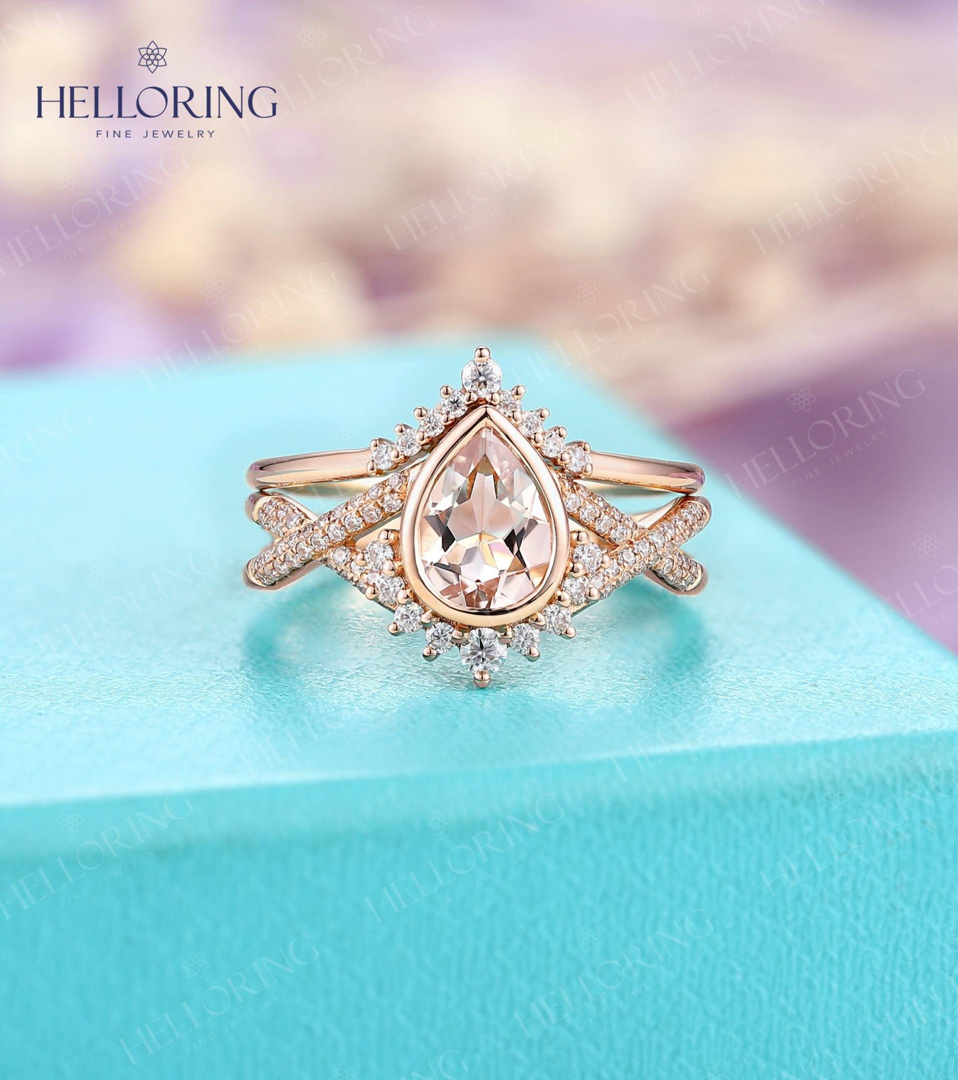 Orange Pink Morganit Birne Verlobungsring Rosegold Braut Set Diamant Moissanit Gedreht Ring Cluster Gewölbt Band Prong Set von HelloRing