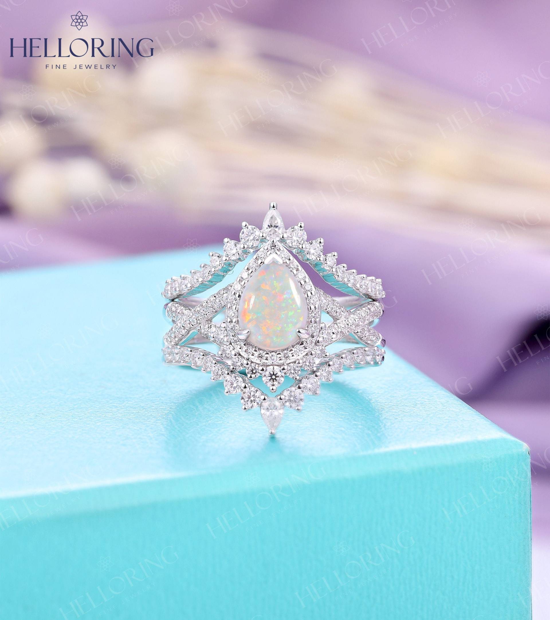 Vintage Opal Verlobungsring Weiß Gold Pear Shaped Ehering Diamant Moissanit Ring Halb Ewigkeit Twisted Braut Jahrestag von HelloRing