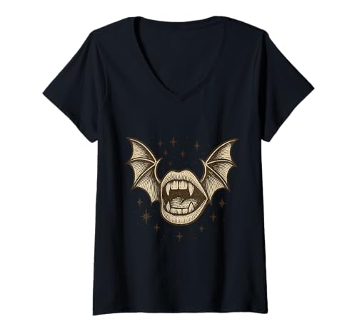 Damen Mittelalterliche Gravure Vampir Mund Gothic Fledermaus Flügel T-Shirt mit V-Ausschnitt Damen Mittelalterliche Gravure Vampir Mund Gothic Fledermaus Flügel T-Shirt mit V-Ausschnitt von Helloween Scary Horror Creep Decoration clothes