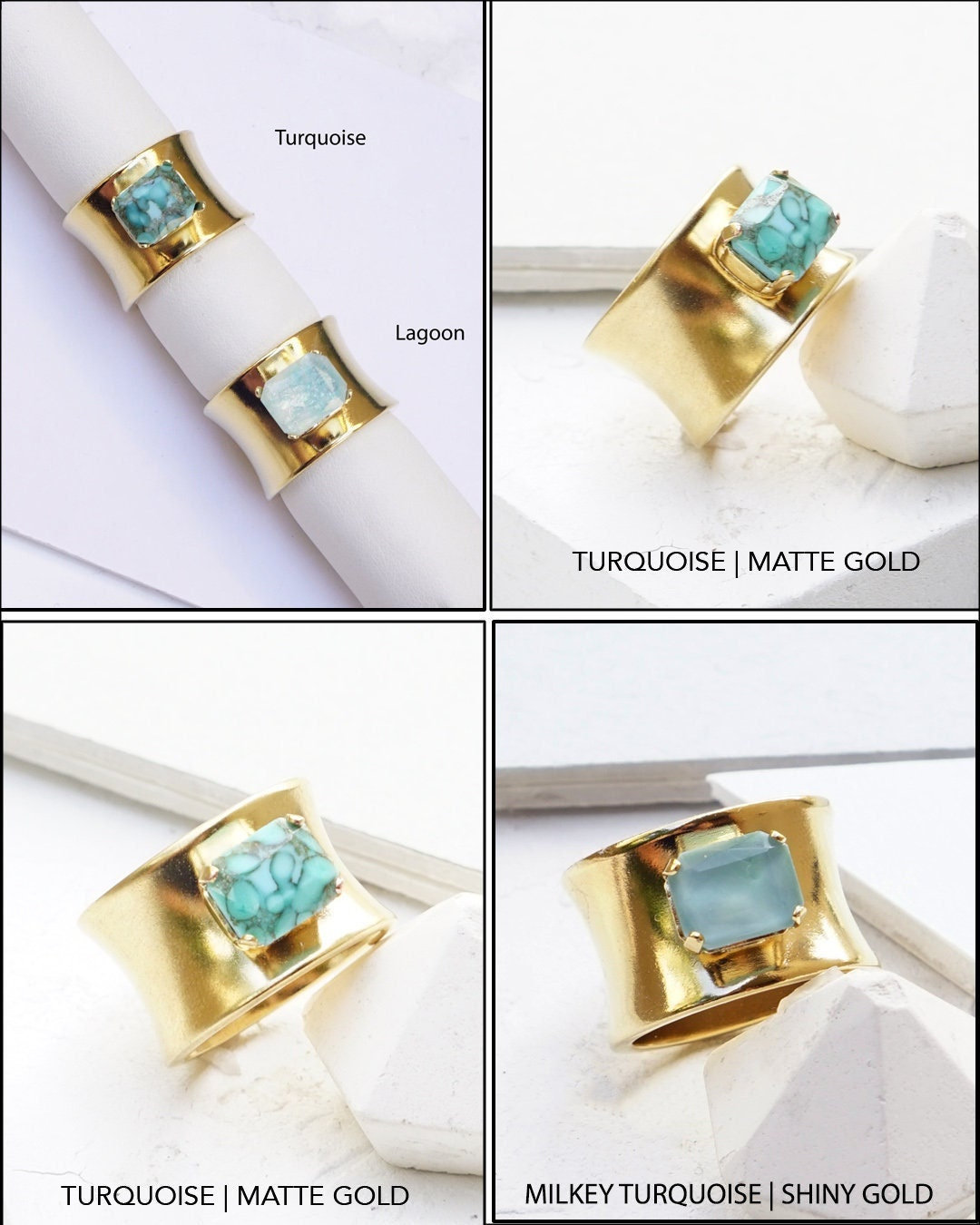 Breites Band Ringe Für Frauen, Breiter Ring Mit Stein, Türkis Stein Blaue Cocktailringe, Damen Blau Ringe, Gold Breite Klobige von HelyDesigns