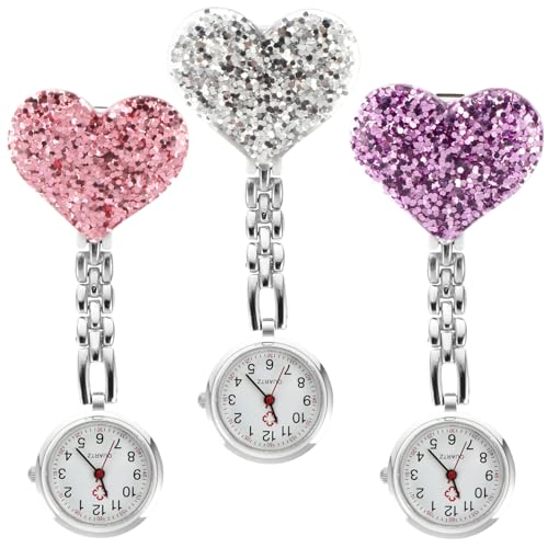 Hemobllo Taschenuhr für Krankenschwestern, Taschenuhr mit Clip, Glitzer-Uhr, Kleiderclip, Brosche, Uhr für Damen und Herren, Violett, Rosa, Silber, 9X3.5CM, Modern von Hemobllo