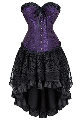 Hengzhifeng Corsage mit Rock Damen Steampunk Brokat Korsett Karnevals Party Korsage Kostüm (EU 34-36,Schwarz Lila) von Hengzhifeng