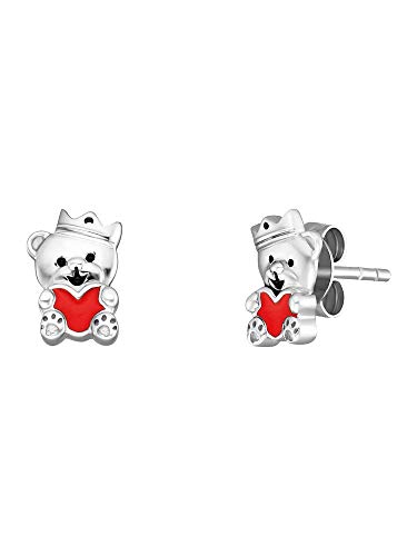 Herzengel Mädchen Kinder Ohrstecker Ohrringe aus Sterling Silber mit silbernem Teddybär und rotem Herz aus Emaille - Steckverschluss - nickelfrei von Herzengel