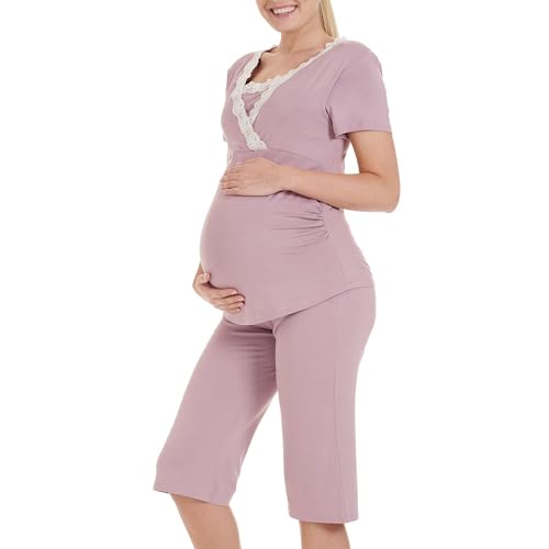 Herzmutter Stillpyjama-Umstandspyjama - Schlafanzug für Damen mit Spitze - Stillfunktion - Nachtwäsche für Schwangerschaft - Kurzarm - 2500 (M, Altrosa) von Herzmutter