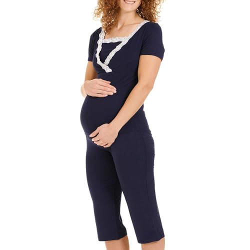 Herzmutter Stillpyjama-Umstandspyjama - Schlafanzug für Damen mit Spitze - Stillfunktion - Nachtwäsche für Schwangerschaft - Kurzarm - 2500 (XXL, Dunkelblau) von Herzmutter