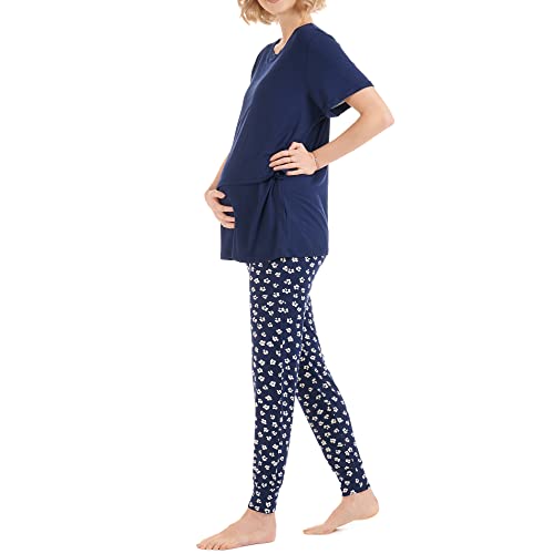Herzmutter Stillpyjama-Umstandspyjama - Schlafanzug für Damen mit Muster - Schwangerschaft-Stillfunktion - Kurzarm - 2950 (XL, Blau/Blumen) von Herzmutter