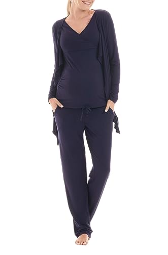 Herzmutter Stillpyjama-Set - 3-teilig - Umstands-Pyjama für Damen - Schwangerschafts-Wellness-Set - Hose-Top-Cardigan - 8100 (Dunkelblau, L) von Herzmutter