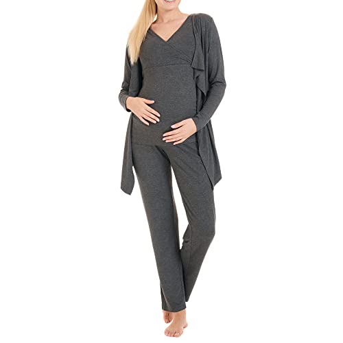 Herzmutter Stillpyjama-Set - 3-teilig - Umstands-Pyjama für Damen - Schwangerschafts-Wellness-Set - Hose-Top-Cardigan - 8100 (Dunkelgrau, M) von Herzmutter