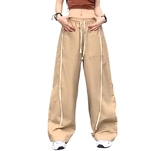 Hewlshawn Cargohose Damen Y2k Baggy Hose 90s Parachute Pants High Waist Straight Hosen Freizeithose mit Taschen Streetwear (Khaki,XL) von Hewlshawn