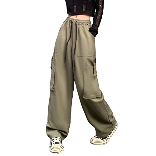 Hewlshawn Damen Cargohose Y2K Baggy Hosen Gothic Vintage Elastische Taille Straight Hose Harajuku Mädchen Streetwear (Green.1,XL) von Hewlshawn