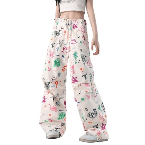 Hewlshawn Damen Hosen Baggy Cargohose Y2K Jogginghose Goth Vintage Sporthose Streetwear Elastische Taille Freizeithose für Frauen 90er (XL,Weiß) von Hewlshawn