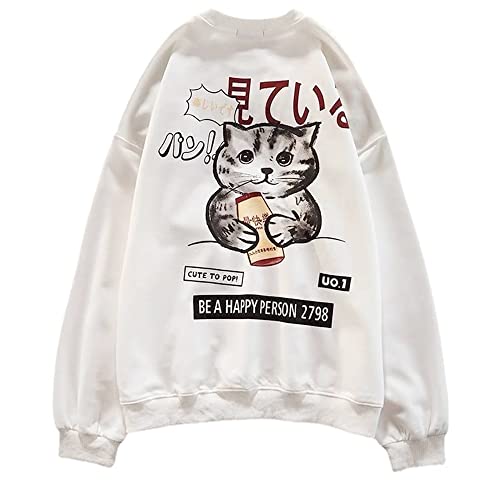 Pullover Sweatshirt Damen Baumwolle Langarm Rundhals Lose Blusen Tops Kawaii Katze Muster Pulli Streetwear Y2k Style (640-White,2XL) von Hewlshawn