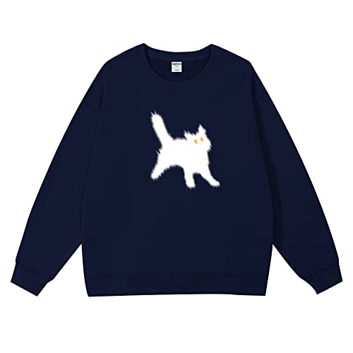 Pullover Sweatshirt Damen Baumwolle Langarm Rundhals Lose Blusen Tops Kawaii Katze Muster Pulli Streetwear Y2k Style von Hewlshawn