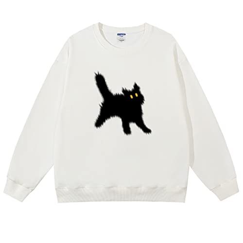 Pullover Sweatshirt Damen Baumwolle Langarm Rundhals Lose Blusen Tops Kawaii Katze Muster Pulli Streetwear Y2k Style von Hewlshawn