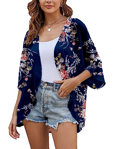 Heynino Chiffon-Kimono-Cardigan für Damen, vorne offen, Blumendruck, Strandumhang, durchsichtig, lockere Bluse, Tops, A3 Deep Blue, M Heynino Chiffon-Kimono-Cardigan für Damen, vorne offen, Blumendruck, Strandumhang, durchsichtig, lockere Bluse, Tops, A3 Deep Blue, M von Heynino
