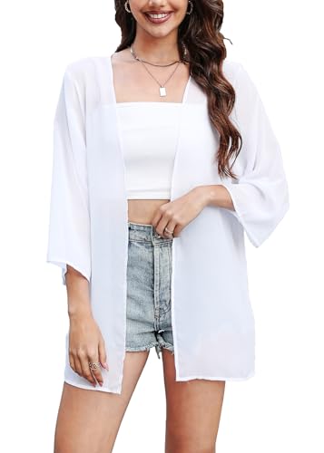 Heynino Damen Chiffon Kimono Open Front Jacke Bademode Strand Cover Up durchsichtige Blusen Weiß 2XL Heynino Damen Chiffon Kimono Open Front Jacke Bademode Strand Cover Up durchsichtige Blusen Weiß 2XL von Heynino