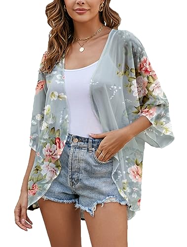 Heynino Damen Chiffon Kimono Strickjacke Florale Strand Schal Leichtes Loses Oberteil Grau 2XL von Heynino