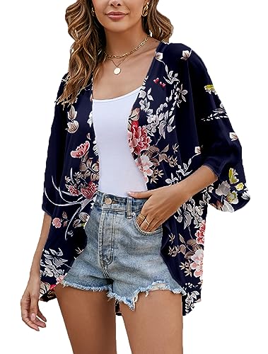 Heynino Damen Chiffon Kimono Strickjacke Florale Strand Schal Leichtes Loses Oberteil Navy Blau 3XL von Heynino