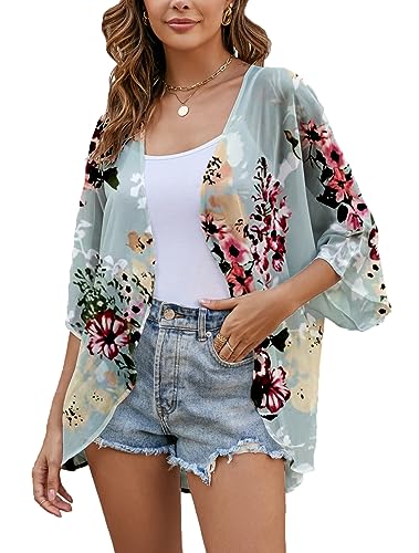 Heynino Damen Florale Chiffon Kimono Strickjacken 3/4 Hülse Strand Cover up Capes Schiere lose Bluse Tops Grün 2XL Heynino Damen Florale Chiffon Kimono Strickjacken 3/4 Hülse Strand Cover up Capes Schiere lose Bluse Tops Grün 2XL von Heynino