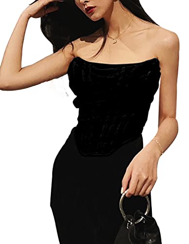 Heynino Damen Sexy Liegestütz Masche Korsett Bustier Vintage trägerlosen offenen Rücken Zip zurück Boned Bodyshaper Crop Top Schwarz XS von Heynino