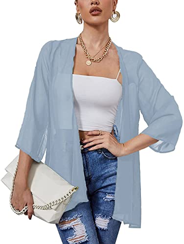 Heynino Damen durchsichtig Chiffon Casual Kimono Cover up Top Leichte Strandjacke Bluse Schal Blau-Grau 2XL von Heynino