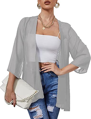 Heynino Damen durchsichtig Chiffon Casual Kimono Cover up Top Leichte Strandjacke Bluse Schal Grau 3XL Heynino Damen durchsichtig Chiffon Casual Kimono Cover up Top Leichte Strandjacke Bluse Schal Grau 3XL von Heynino