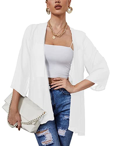 Heynino Damen durchsichtig Chiffon Casual Kimono Cover up Top Leichte Strandjacke Bluse Schal Weiß 2XL Heynino Damen durchsichtig Chiffon Casual Kimono Cover up Top Leichte Strandjacke Bluse Schal Weiß 2XL von Heynino