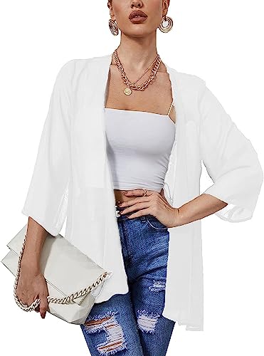 Heynino Damen durchsichtig Chiffon Casual Kimono Cover up Top Leichte Strandjacke Bluse Schal Weiß XL von Heynino