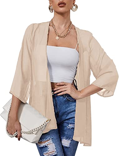 Heynino Damen solide Farbe lässig Kimono Strickjacke Pullover 3/4 Ärmel Strand Cover-up Jacke Khaki M von Heynino