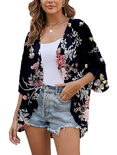 Heynino Durchsichtige Chiffon Kimono Strickjacken für Frauen leicht sommerlich floral Bluse Tops Schwarz L von Heynino