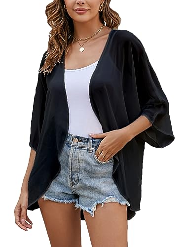 Sheer Chiffon leichte Kimono Strickjacken Solide Farben offener Vorderseite Kurze Cover ups Schwarz L Sheer Chiffon leichte Kimono Strickjacken Solide Farben offener Vorderseite Kurze Cover ups Schwarz L von Heynino