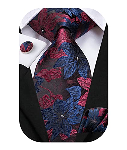Hi-Tie Marineblaue Burgunder Krawatte Formelle Krawatten mit Einstecktuch Manschettenknöpfe für Herren Business Hochzeit Party von Hi-Tie