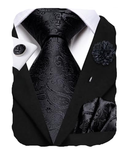 Hi-Tie Seidenkrawatten für Herren, gewebte Herren-Krawatten mit Anstecknadel, Manschettenknöpfen, formelle Krawatte für Hochzeit, Business, Abschlussball, Black Paisley, Medium von Hi-Tie