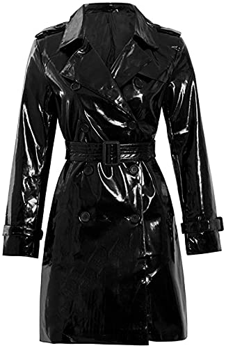 HiFacon Damen Mode Outdoor Wetlook Kleidung Trenchcoat Regenmantel Schwarz PU Leder Kleidung PVC, Schwarz – PVC Trenchcoat, XXL von HiFacon