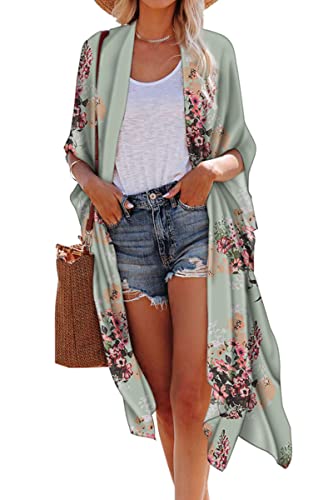 Hibluco Damen-Kimono-Cardigan, durchsichtig, Chiffon, Blumenmuster, lange Bluse - - 4x von Hibluco