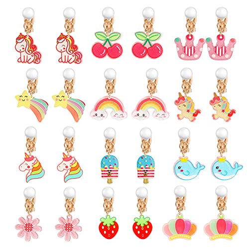 HIFOT 12 Paare Clip Ohrringe Mädchen, Einhorn Regenbogen Erdbeere Blume Ohrclips Set Geburtstag Geschenk Party Favors Schmuck Zubehör für Kinder von Hifot