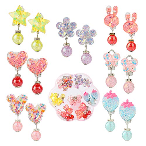 HIFOT 7 Paare Clip Ohrringe Mädchen Prinzessin Kinder Ohrclips Set, Prinzessin Kleid Geburtstag Geschenk Party Favors zum Pretend Play Dress up Schmuck Zubehör in klaren Boxen von Hifot