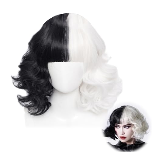 HIFOT Cruella De Vil Perücke Damen Kurz, Schwarz Weiß Perücke Mit Pony, Cosplay Perücke Locken Kurzhaar für Faschings Cruella De Vi KostüMe Damen Karneval Halloween von Hifot