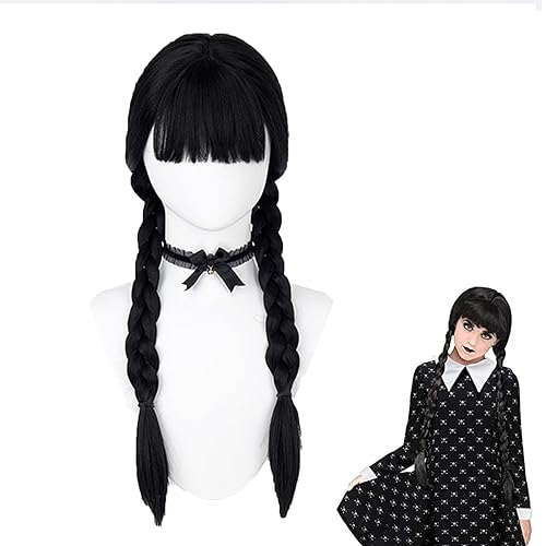 HIFOT Kostüm Perücke für Kinder Damen, Lange Schwarze Perücke Mit Pony, Cosplay Zopf Perücke Kinder Mädchen Geschenke Für Cosplay Party Karneval Halloween von Hifot