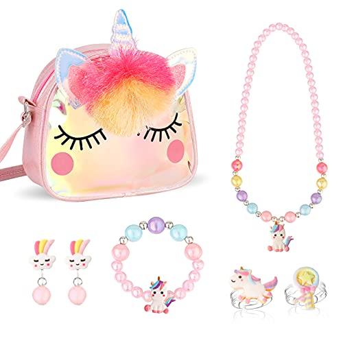 Hifot Einhorn Handtasche Schmuckset für Mädchen, Einhorn Halskette Armband Ring Ohrring Kinderschmuck Set, Prinzessin Ankleiden Geburtstag Geschenk von Hifot