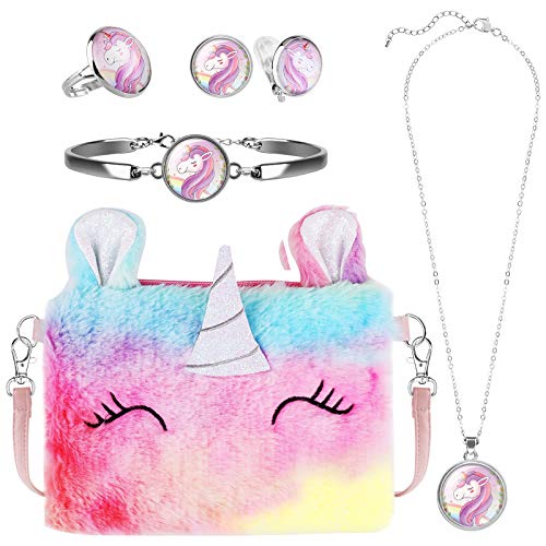 Hifot Plüsch Einhorn Handtaschen Mädchen kinderschmuck, Unicorn Kette Halskette Armband Ohrringe Ring schmuckset, Umhängetaschen Kleid Gastgeschenke Geschenk von Hifot