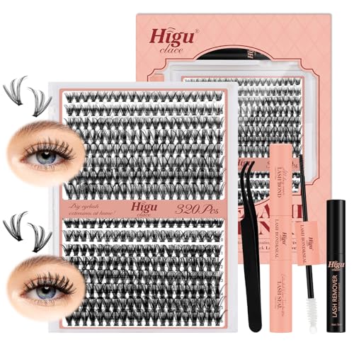 DIY Wimpern Extension Kit,Individuelle Wimpern Kit 320pcs Cluster Wimpern D curl, Wimpern Kleber und Versiegelung, Wimpern Entferner, Wimpern Applikator für Einzelne Wimpern zu Hause（Kit-30D+40D) von Higu clace