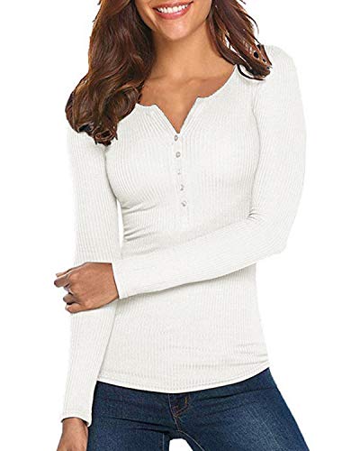 Damen Shirt Langarm V-Ausschnitt Basic Oberteile Button Casual Pullover Einfarbig Langarmshirt(Weiß,X-Small) von Hiistandd