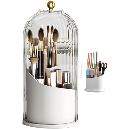 Make up Organizer, Make up Bürstenhalter mit Deckel, 360 ° rotieren klarer Make up Bürstenorganisator staubsicherer Make up Halter für Vanity Desktop Badezimmer Arbeitsplatte von Hilai